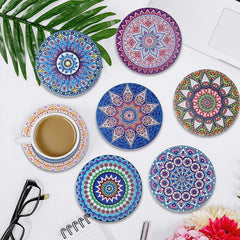 EZYHOME Set of 8 Mandala Flower Ceramic Coaster, Drink Coaster Round Cup Mat Pad Set Mug Coaster with Non-Slip Cork Base and Holder for Cups, Mug, Wine Glass, Home, Kitchen and Bar set of 8 p