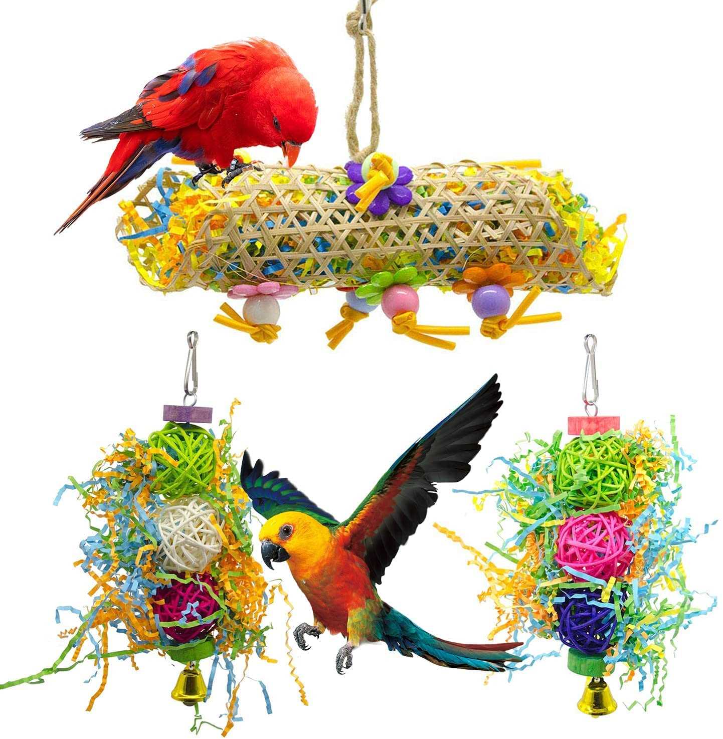 KUTKUT 3 Pack Bird Chewing Shredding Toys Foraging Shredder Toy Parrot Cage Shredder Toy Bird Loofah Toys Foraging Hanging Toy for Cockatiel Conure Parrot - kutkutstyle