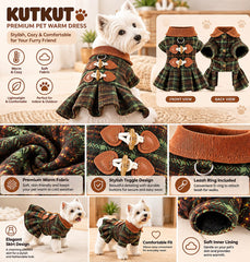 KUTKUT Winter Small Dog Dress, Elegant Plaid Pet Dress with Contrast Corduory Collar, Pleated Hem & Toggle Detailing, Fashion Outfit for Shihtzu, Lhasa Apso, Cavalier King etc ( Brown )