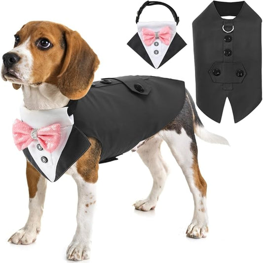 KUTKUT Dog Tuxedo, Detailed Dog Tuxedo for Big Dogs with Exquisite Stitching, Stylish Dog Wedding Bandana Set for Wedding, Festival, Birthday (Grey)