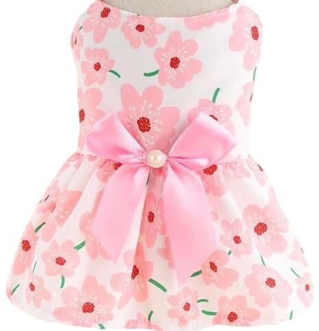 KUTKUT Small Girl Dog & Cat Floral Dress with Lovely Bow Pet Apparel | Puppy Summer Dress Birthday Pet Apparel Dress | Frock Dress For Cavalier King, Frenchi, etc