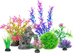 KUTKUT 8Pcs Aquarium Artificial Plastic Plants Decorations and Rock Cave Decor Set Goldfish Betta Fish Tank Accessories Small Large Fish Bowl Ornaments