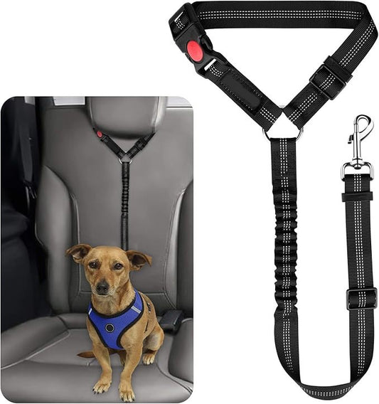 KUTKUT Removable Dog Seat Belt Harness for Car, 3-in-1 Pet Dog Car Seatbelt Leash, Retractable Restraint Secures to Vehicle Headrest & Adjustable Reflective Bungee Dog Seatbelt Tether (Black)