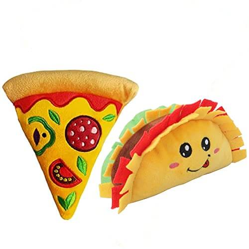KUTKUT 2 Pack Squeaky Dog Toys, Non-Toxic and Safe Chew Toys for Puppy with Funny Food Pizza Taco Shape, Durable Interactive Crinkle Plush Dog Toy for Small, Medium Dogs - kutkutstyle