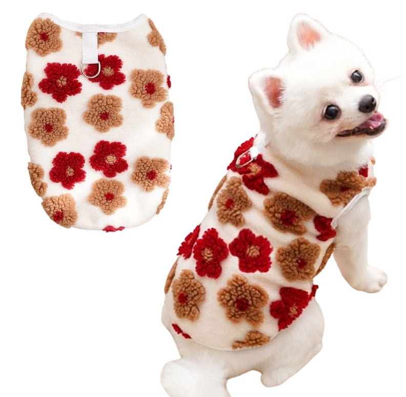 KUTKUT Winter Small Dog Cat Floral Sleeveless Vest Soft Warm Coral Fleece Double Layer Cozy Soft Button Open Sweater Small Doggie Outfit for Maltese, ToyPoodle, Toypom (Red Floral)