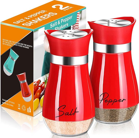 EZYHOME Salt and Pepper Shakers Set, Glass Bottom Salt Pepper Shaker with Stainless Steel Lid for Kitchen Gadgets Cooking Table, RV, Camp,BBQ Refillable Design (Red)