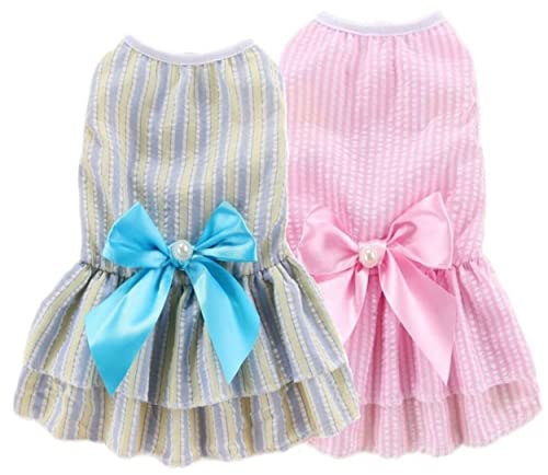 KUTKUT Set of 2 Summer Dress for Small Pup Kitten Girl Puppy Clothes Female Princess Tutu Striped Skirt Summer Shirt for Chiuhuahua, Kitten Cat Pet Apparel Outfits