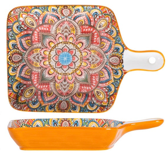 EZYHOME Bohemian Style Creative Serving Platter Ceramic Ins Plate Family Dish Plate Salad Plate with Handle, Plates for Appetizer, Dessert, Pasta, Ice Cream, Microwave and Oven & Dishwasher Safe