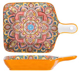 EZYHOME Bohemian Style Creative Serving Platter Ceramic Ins Plate Family Dish Plate Salad Plate with Handle, Plates for Appetizer, Dessert, Pasta, Ice Cream, Microwave and Oven & Dishwasher Safe