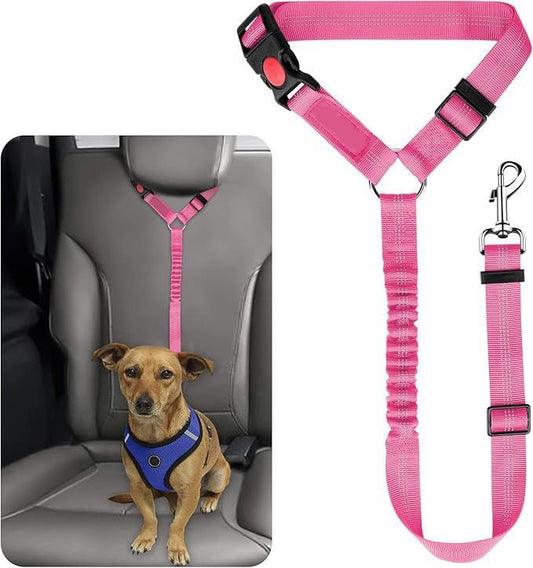 KUTKUT Removable Dog Seat Belt Harness for Car, 3-in-1 Pet Dog Car Seatbelt Leash, Retractable Restraint Secures to Vehicle Headrest & Adjustable Reflective Bungee Dog Seatbelt Tether (Pink)