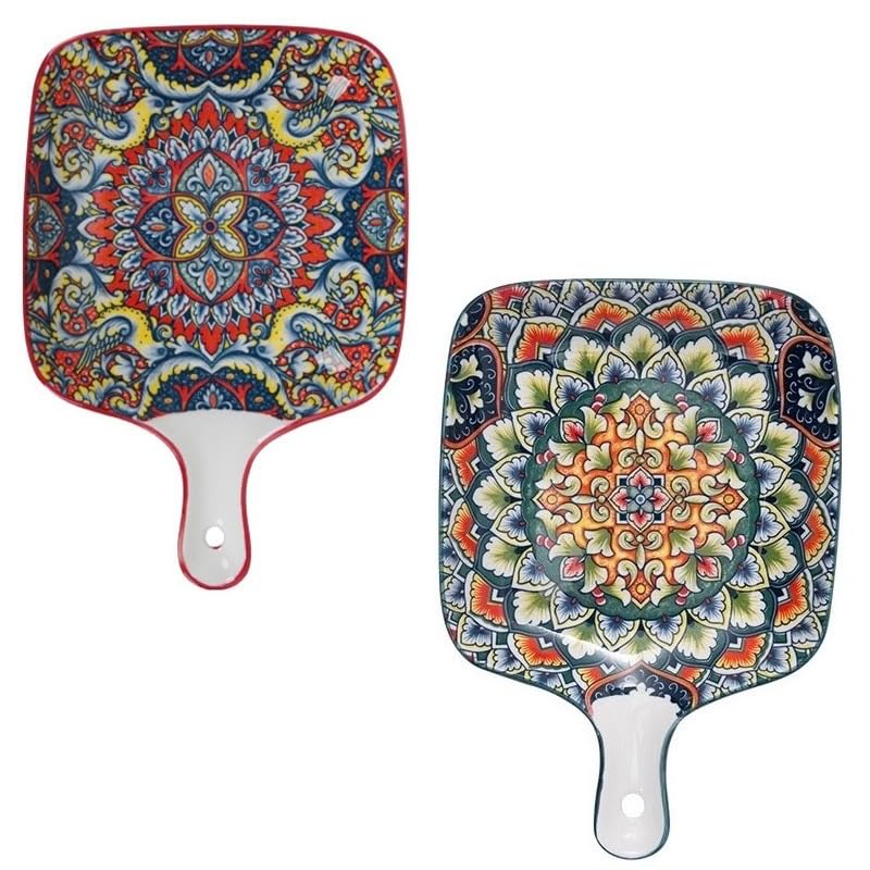 EZYHOME 2Pcs Ceramic Serving Platter With Handle Ceramic Ins Plate Family Dish Plate Salad Plate with Handle, Platter for Pasta, Maggi, Noodles, Manchurian, Dessert, Ice Cream