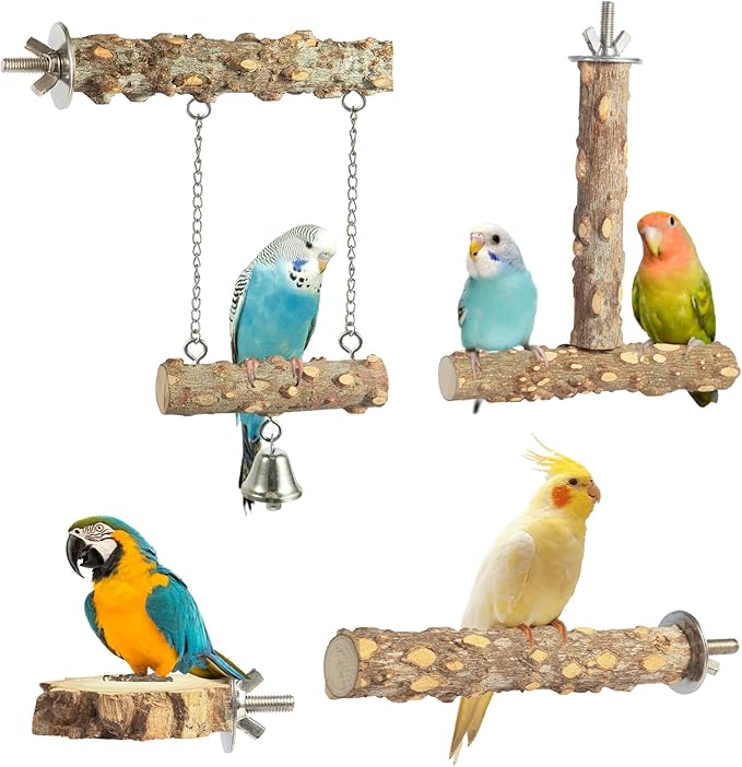 KUTKUT Natural Wood Bird Perchs (Pack of 4 Wooden Perch Including Swing)