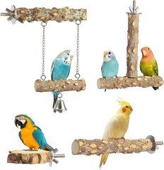 KUTKUT Natural Wood Bird Perchs (Pack of 4 Wooden Perch Including Swing)