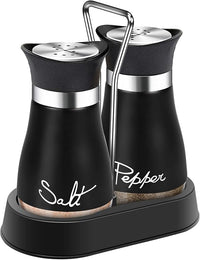 EZYHOME Salt and Pepper Shakers Set with Holder,Red Kitchen Decor and Accessories Farmhouse Gadgets Table Housewarming Gift Christmas Decor Refillable Design (Black)