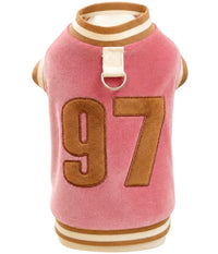 KUTKUT Small Dog Cat Velvet Varsity T-Shirt with Leash D-Ring, Soft Pet Sweatshirt with 97 Design, Ribbed Neck & Sleeves for Small Dogs Maltese, Yorkshire Cats etc ( Pink )