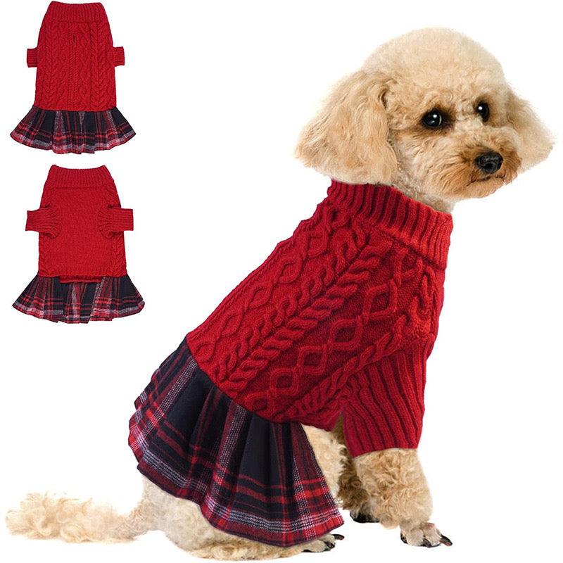KUTKUT Dog Girl Winter Sweater Dress, Red Cable Knit Acrylic Pullover With Plaid Skirt, Warm Pet Clothes For Medium Dogs, Long Sleeve Knit Outfit With Leash Hole