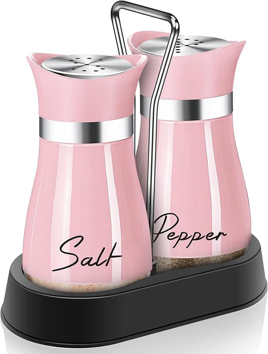 EZYHOME Salt and Pepper Shakers Set Stainless Steel Salt Shaker and Pepper Shaker Set with Holder Refillable Screw-Off Perforated S and P Caps for Kitchen Table Decor(Color: Pink)