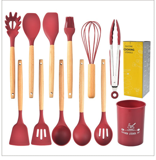 EZYHOME 12Pcs Silicone Cooking Utensils Kitchen Utensil Set - 446°F Heat Resistant, Turner Tongs, Spatula, Spoon, Whisk, Wooden Handle Kitchen Gadgets with Holder for Nonstick Cookware (Red)