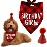 KUTKUT Boy Bandana and Hat Set “Birthday Girl” Print Plaid Dogs Party Supplies Triangle Scarf Bibs for Small Medium Large Pets (Red)