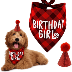KUTKUT Boy Bandana and Hat Set “Birthday Girl” Print Plaid Dogs Party Supplies Triangle Scarf Bibs for Small Medium Large Pets (Red)