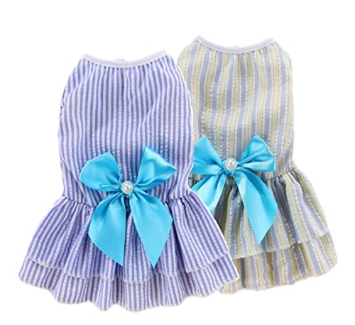 KUTKUT Pack of 2 Striped Frock Dress for Small Dog Cat Girl Puppy Clothes, Tutu Skirt Summer Shirt for Shihtzu, Papillon, Pekingese etc Cat Pet Apparel Outfits