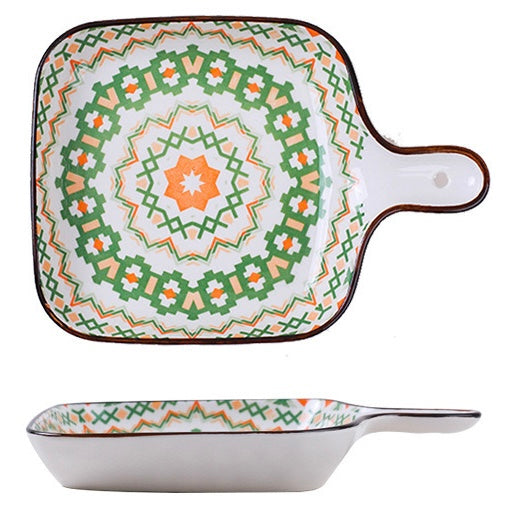 EZYHOME Ceramic Bohemian Baking Plate with Handle Ceramic Ins Plate Family Dish Plate Salad Plate with Handle,Platter for Pasta,Maggi, Manchurian,Dessert,Ice Cream,Microwave Oven & Dishwasher Safe