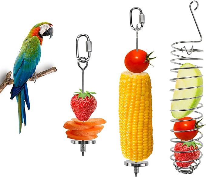 KUTKUT 3 Pieces Bird Food Holder Stainless Steel Parrot Hanging Vegetable Fruit Feeder Bird Treat Skewer Include 2 Pieces Small and Large Fruit Fork and a Food Basket, Parrot Foraging Toy