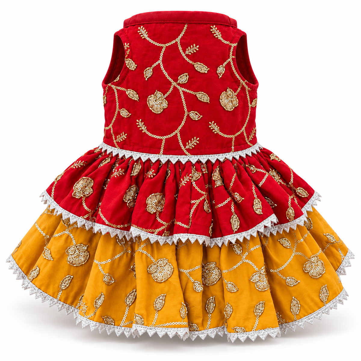 KUTKUT Zari Embroidered Festive Dress for Small Dogs & Cats, Sleeveless, Sequin Work, Two-Layer Skirt, Silver LCE Trim Outfit for Maltese, Shihtzu, Small Pups & Cats