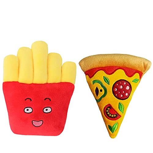 KUTKUT 2 Pack Squeaky Dog Toys, Non-Toxic and Safe Chew Toys for Puppy with Funny Food Pizza Fries Shape, Durable Interactive Crinkle Plush Dog Toy for Small, Medium Dogs - kutkutstyle
