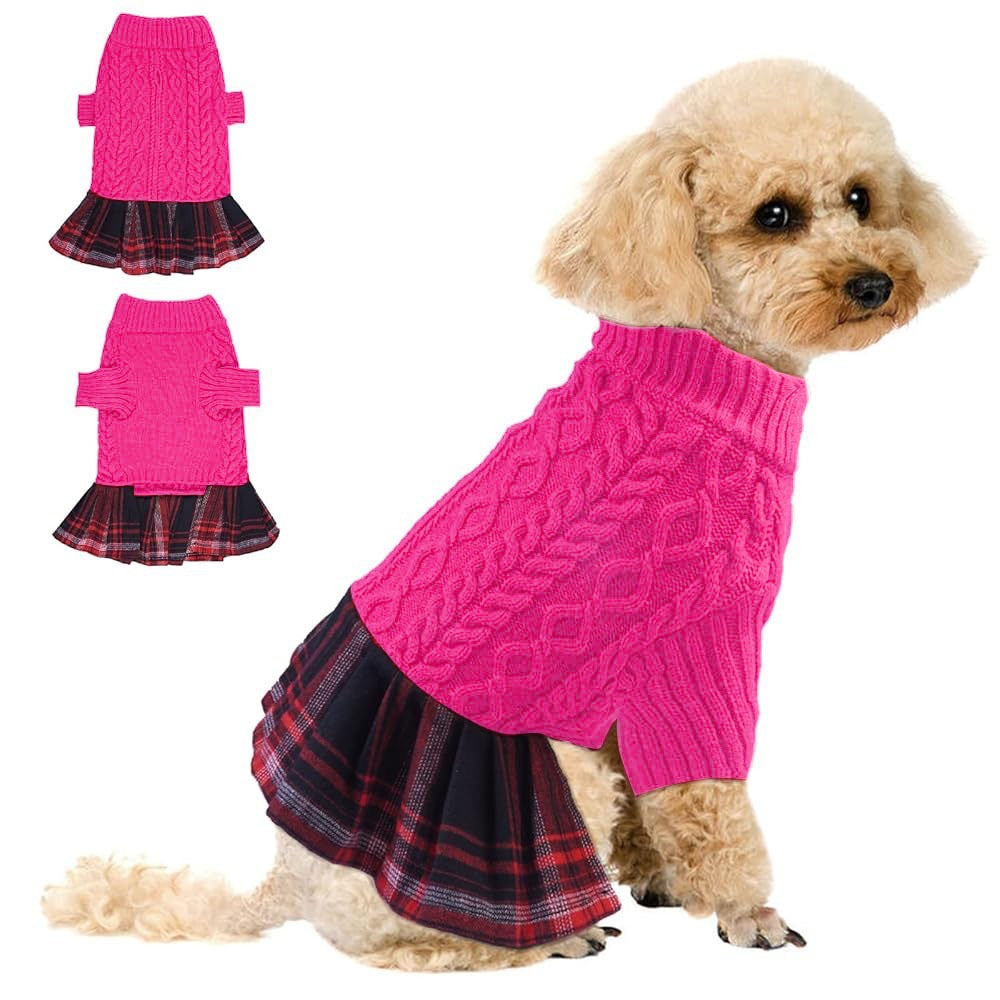 KUTKUT Pink Cable Knit Dog Sweater Dress With Plaid Skirt - Warm Winter Clothes For Small Dogs, Cute Christmas Pet Outfit For Girls, Long Sleeve Knit Outfit With Leash Hole