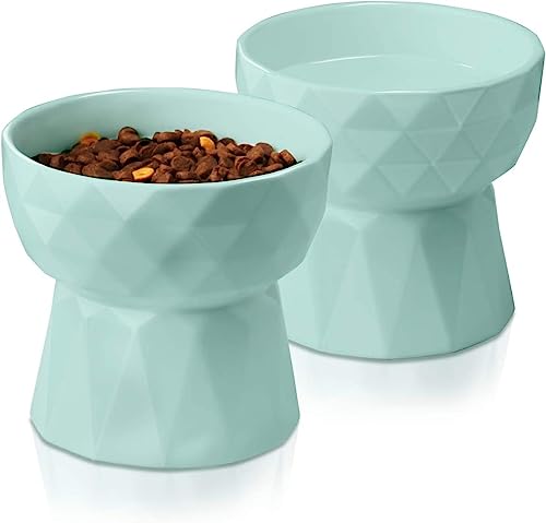 KUTKUT 2Pcs Ceramic Cat Food or Water Bowl, Raised Cat Feeder Dishes with Stand, Elevated Pet Food Bowl for Cats and Small Dogs (Pack of 2 (Oval Mint Green)) - kutkutstyle