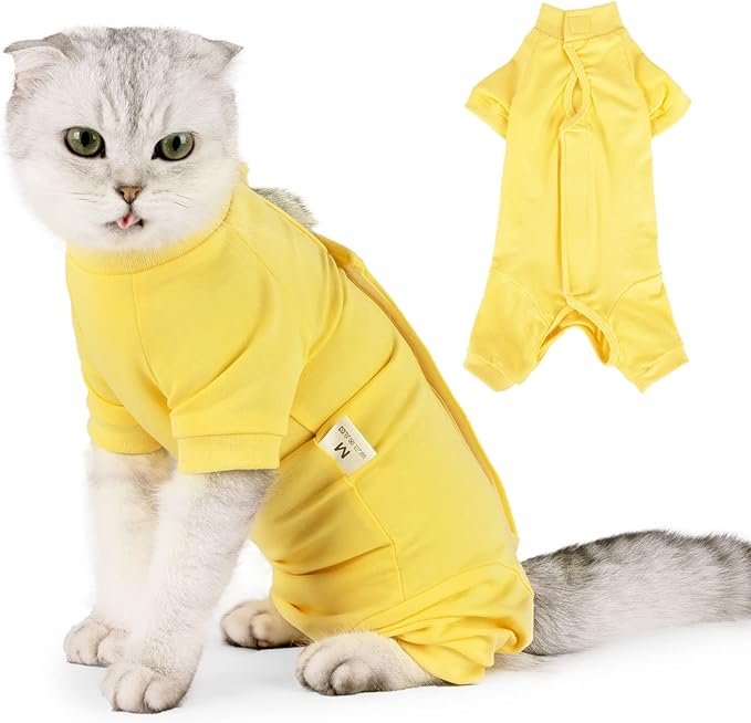 KUTKUT Cats Recovery Suit, Kitten Recovery Onesie Female Cats Abdominal Wounds Bandages Cone E-Collar Alternative After Surgery, Cat Spay Bodysuit for Male Female Cats (Yellow)