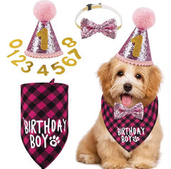 KUTKUT Dog Birthday Party Supplies Birthday Boy Dog Bandana Triangle Scarf Clothes Shirt Cute Dog Hat Dog Bow Tie Collar with 0-8 Numbers for Puppy Dog 1st Birthday Party Outfits (Pink)