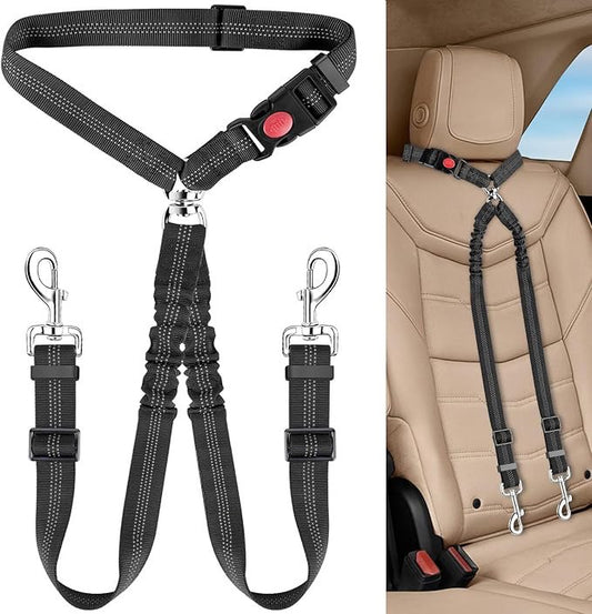 KUTKUT Double Dog Seat Belt, Dual Pet Car Headrest Restraint Safety Seatbelt No Tangle Dog Leash Duty Adjust Elastic Bungee Lead Splitter Connect Harness in Vehicle Travel for 2 Dogs (Black)