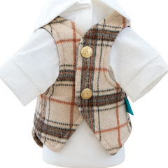 KUTKUT Small Dog Plaid Shirt Vest - Classic Beige Checkered Pet Outfit With Buttons & White Collar, Stylish Puppy & Kitten Clothing For Special Occassions
