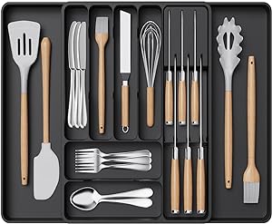 EZYHOME Silverware Organizer for Kitchen Drawers, Expandable Utensil Tray with Removable Knife Block, Adjustable Cutlery and Flatware Holder, Plastic Spoon Forks Holder Storage Divider.