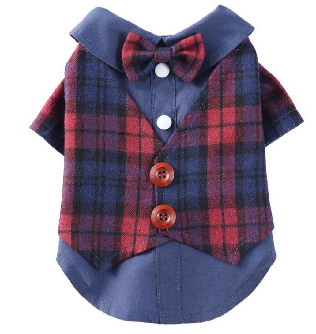 KUTKUT Dog Cat Wedding Shirt, Dog Plaid Jacket with Bow Tie, Dog Wedding Formal Suit, Doggie Prince Gentleman Costume for Small Dogs & Cats ( Blue & Red)