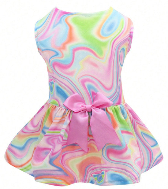 KUTKUT Rainbow Swirl Dog Dress For Small Dogs & Cats, Sleeveless Frock With Pink Bow, Colourful Soft Breathable Polyester Puppy  Outfit For Parties, Photoshoots & Casual Wear