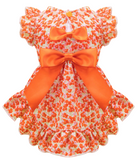 KUTKUT Floral Orange Dog Dress, Ruffle Sleeves & Skirt With Double Satin Bow, Lightweight, Soft & Breathable Polyester Pet Outfit Small Puppy Dogs & Cats Outfit For Photoshoot, Birthday