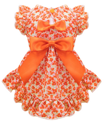 KUTKUT Floral Orange Dog Dress, Ruffle Sleeves & Skirt With Double Satin Bow, Lightweight, Soft & Breathable Polyester Pet Outfit Small Puppy Dogs & Cats Outfit For Photoshoot, Birthday