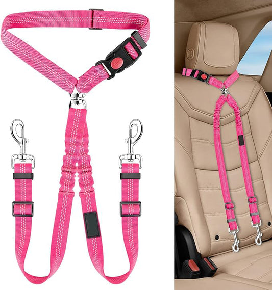 KUTKUT Double Dog Seat Belt, Dual Pet Car Headrest Restraint Safety Seatbelt No Tangle Dog Leash Duty Adjust Elastic Bungee Lead Splitter Connect Harness in Vehicle Travel for 2 Dogs (Pink)