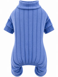 PAWCHIE Dog Jumpsuit for Small Dogs Cats, Soft Ribbed Four Leg Payjamas, Warm Stretch Pet Romper with High Neck, Cozy Indoor & Winter Wear (Blue)