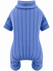 KUTKUT Dog Jumpsuit for Small Dogs Cats, Soft Ribbed Four Leg Payjamas, Warm Stretch Pet Romper with High Neck, Cozy Indoor & Winter Wear (Blue)
