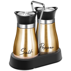 EZYHOME Salt and Pepper Shakers Set Stainless Steel Salt Shaker and Pepper Shaker Set with Holder Refillable Screw-Off Perforated "S" and "P" Caps for Kitchen Table Decor(Copper)