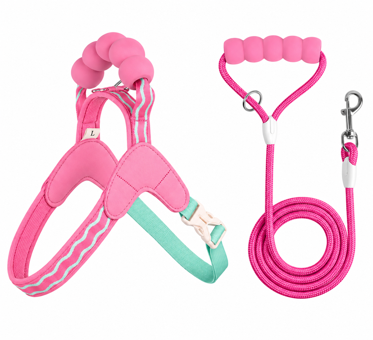 KUTKUT Pet Harness & Leash Set for Small Dogs & Cats, Adjustable Breathable Mesh Harness with Padded Control Handle, Secure Buckle & Metal D-Ring (Pink)