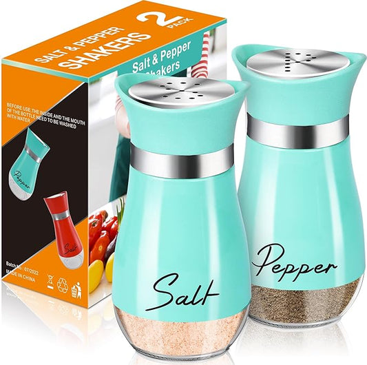 EZYHOME Salt and Pepper Shakers Set, Glass Bottom Salt Pepper Shaker with Stainless Steel Lid for Kitchen Gadgets Cooking Table, RV, Camp,BBQ Refillable Design (Teal)