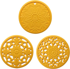 EZYHOME 3Pcs Silicone Trivet Mat - Insulated Hot Pot Holder Carved Hot Bowl Pads Set for Table or Countertop - Non-Slip Heat Resistant Exquisitely Kitchen Teapot Coasters, 20cm / 7.87Inch