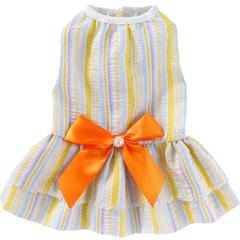 KUTKUT Small Dog Cat Girl Dress Cute Bowknot Tutu Dress Striped Button Open Dog Clothes for Small Dogs Girl Toypom, Yorkshire, Mltese Cat Pet Apparel