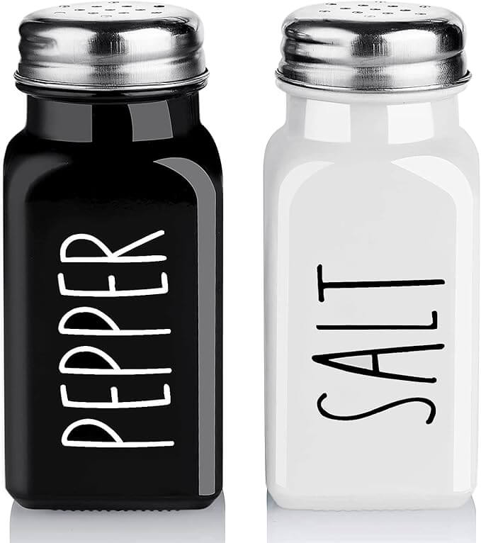 EZYHOME Salt and Pepper Shakers Set - Cute Salt Shakers - Vintage Glass Black and White Shaker Set with Stainless Steel Lid - for Black and White Kitchen Decor