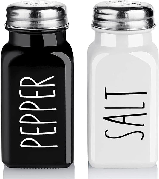 EZYHOME Salt and Pepper Shakers Set - Cute Salt Shakers - Vintage Glass Black and White Shaker Set with Stainless Steel Lid - for Black and White Kitchen Decor